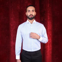 پیراهن مردانه کلاسیک آبی روشن راهدار درشت سفید