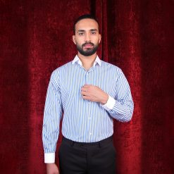 پیراهن مردانه کلاسیک آبی راهدار درشت سفید